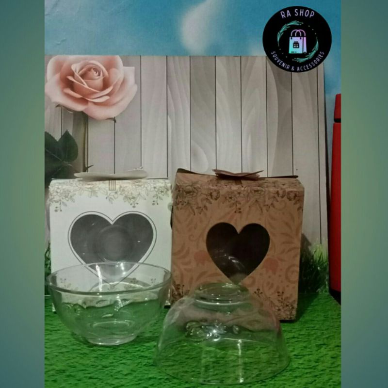 Souvenir pernikahan mangkuk kaca motif bunga mawar kemas box motif