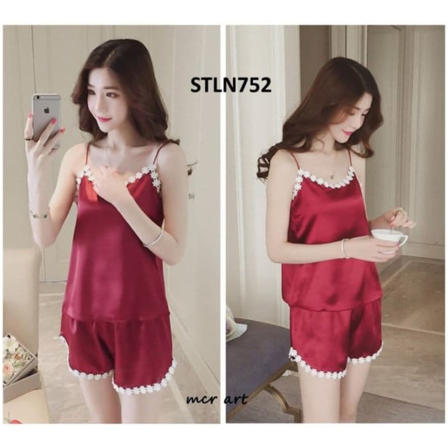 Baju Tidur Satin TANKTOP SET (Baju + Celana) Pakaian Wanita Women Silk Korea Fashion Piyama