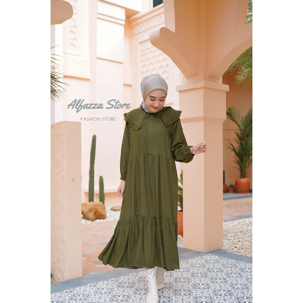 ALFAZZA STORE - NISA MIDI - MIDI DRESS - TERBARU - KERAH KUPU-KUPU - BIG SIZE - ALL SIZE - L - XL - FASHION WANITA - TERBARU - RAYON PREMIUM -  Dress Menyusui Motif Polos Rayon Crinkle Pakaian Muslim Wanita