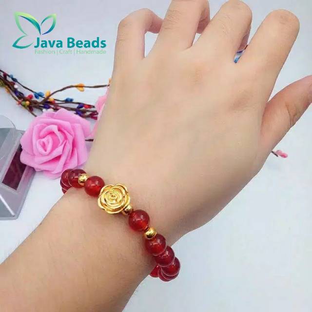 Gelang Wanita Red Agate Charm Xuping Mawar