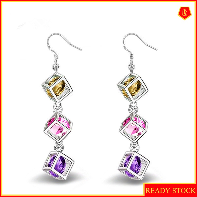 [Ready Stock]Fashion Creative Female Silver Colorful Crystals Earrings