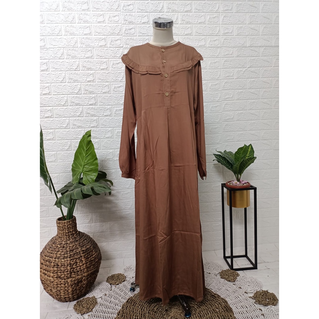 Gamis Ruffle Long Dress - Gamis Ruffle Baru - Gamis Ruffle Kancing Depan - Dress Gamis Terbaru Kekinian - Gamis Ruffle Kekinian - Gamis Busui Terbaru - Gamis Ruffle Polos Rayon Halus