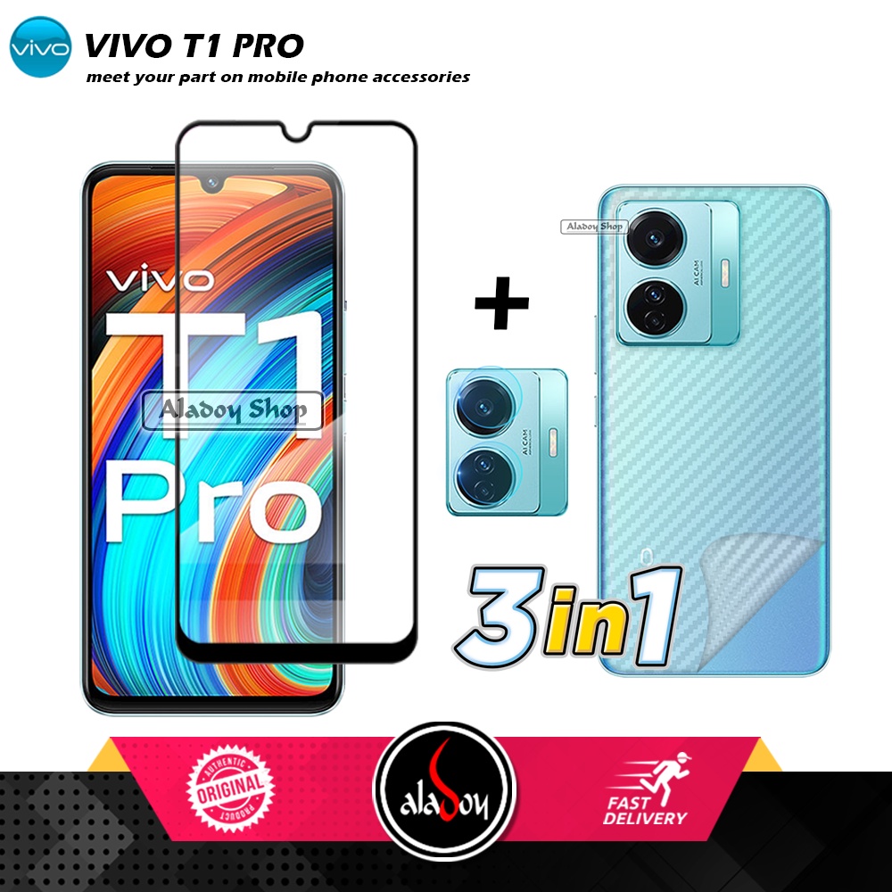 PROMO 3 IN 1 PAKET Tempered Glass Vivo T1 Pro Free Tempered Glass Camera dan Skin Carbon