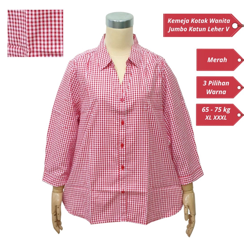 Kemeja Kotak Kotak Wanita Jumbo Katun Lengan 7/8 Leher V [ 778 ]