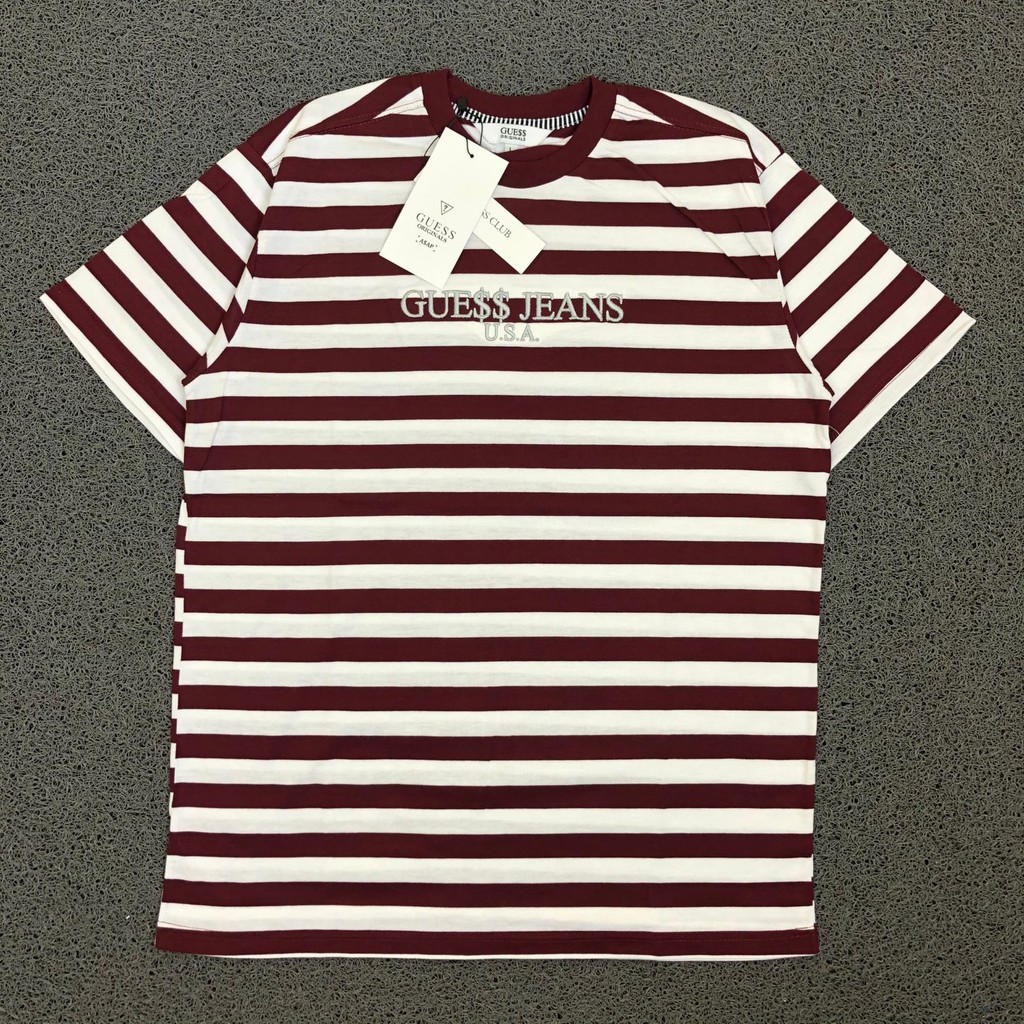 T SHIRT KAOS GUESS X ASAP ROCKY STRIPED MAROON