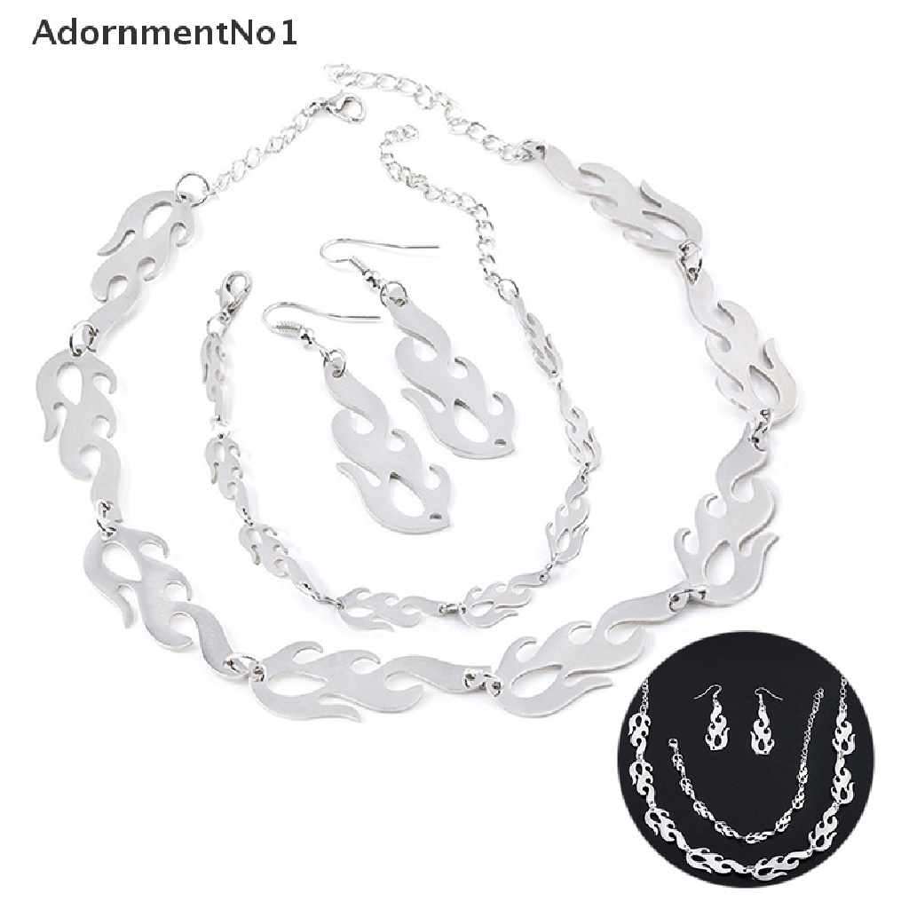 (AdornmentNo1) Kalung Choker + Gelang Tangan Rantai Metal Gaya Punk Hip Hop Motif Api Untuk Perhiasan Wanita