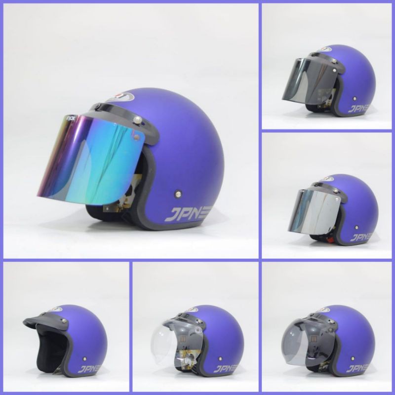 Helm Bogo JPN Retro Warna Biru Doff Kaca Flat Visor Dan Cembung