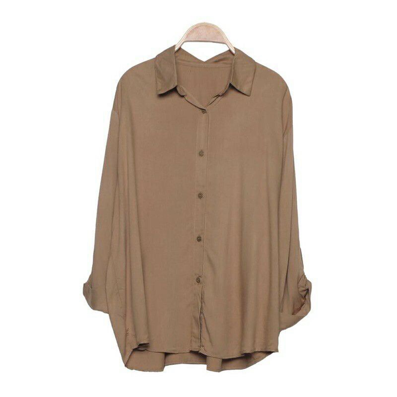 kemeja wanita polos rayon twill casual tangan skoder-Coklat milo