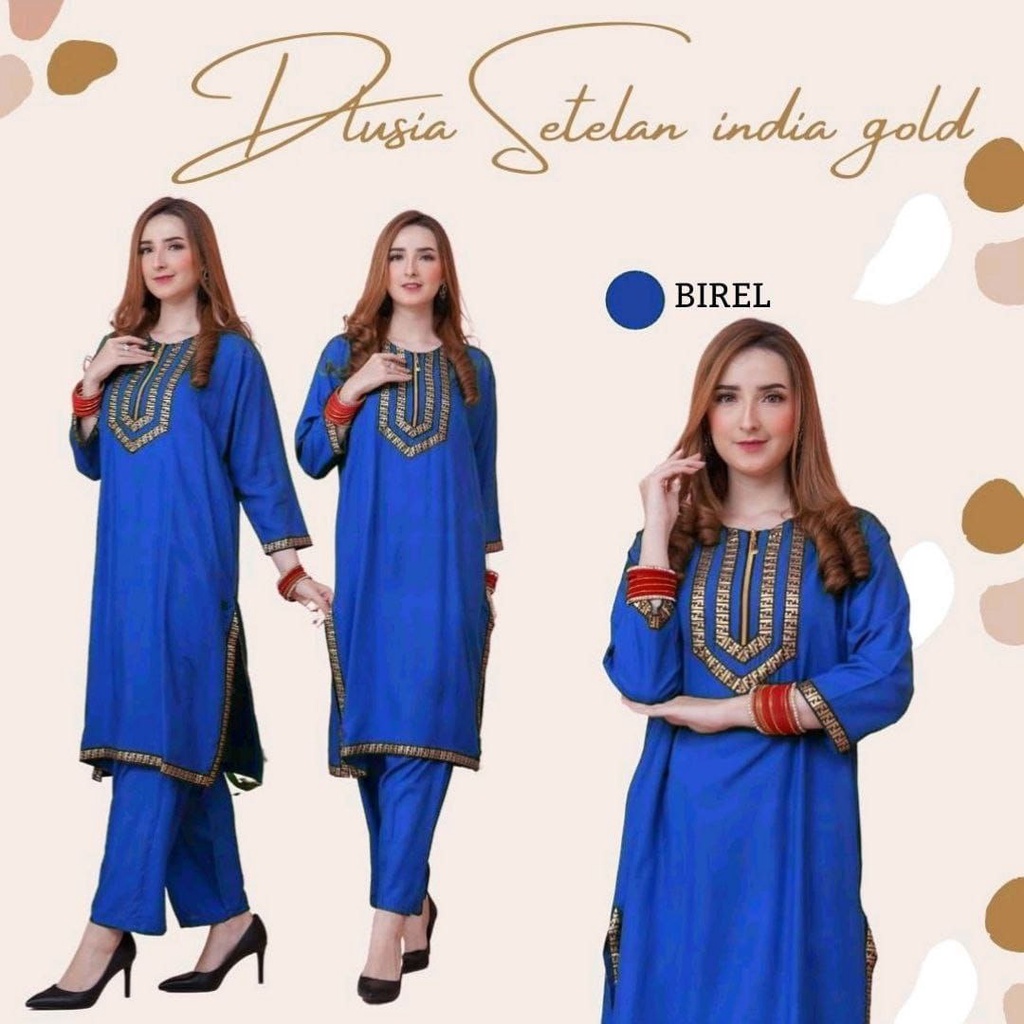 Dlusia India One Set Wanita Tunik Renda Jumbo Rayon Premium Setelan Wanita Lengan Pendek Set Baju Muslim Kekinian LD  125 cm