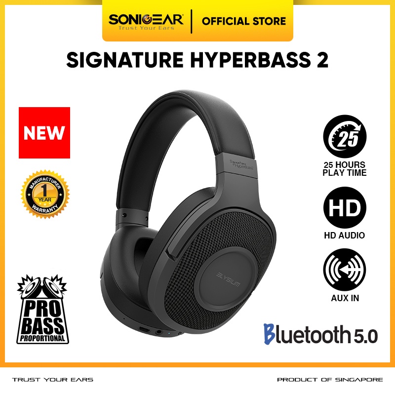Headphone Bluetooth Wireless Elysium Signature HyperBass 2 High Performance Over-Ear