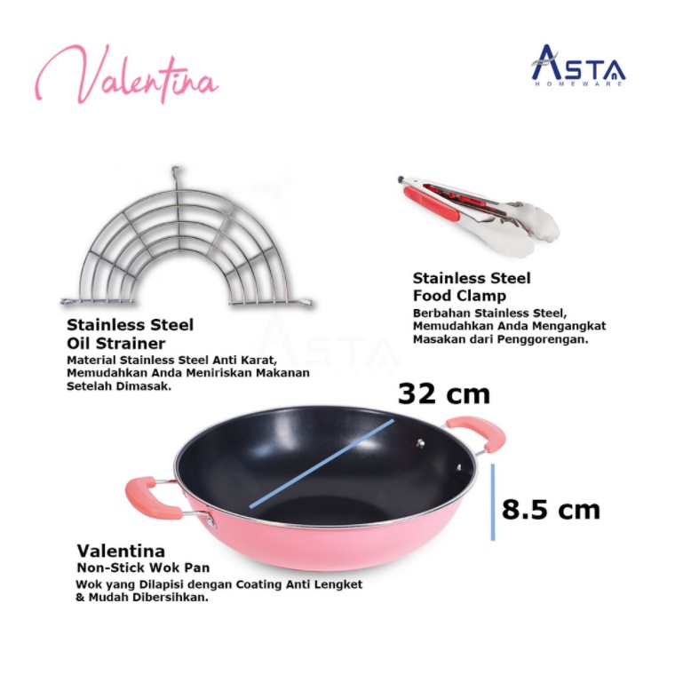 Panci Wajan - Wok Pan Penggorengan 32 CM Anti Lengket + Tirisan Minyak - Cookware Set 3 PCS Asta Valentina