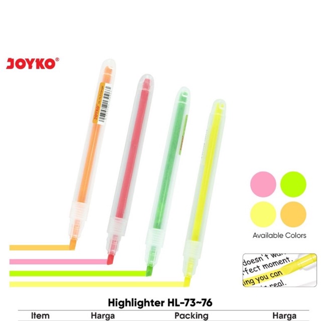 

(1pcs) Highlighter JOYKO Pen / Penanda bentuk Pen Warna Warni 4 Colour HL-73-76