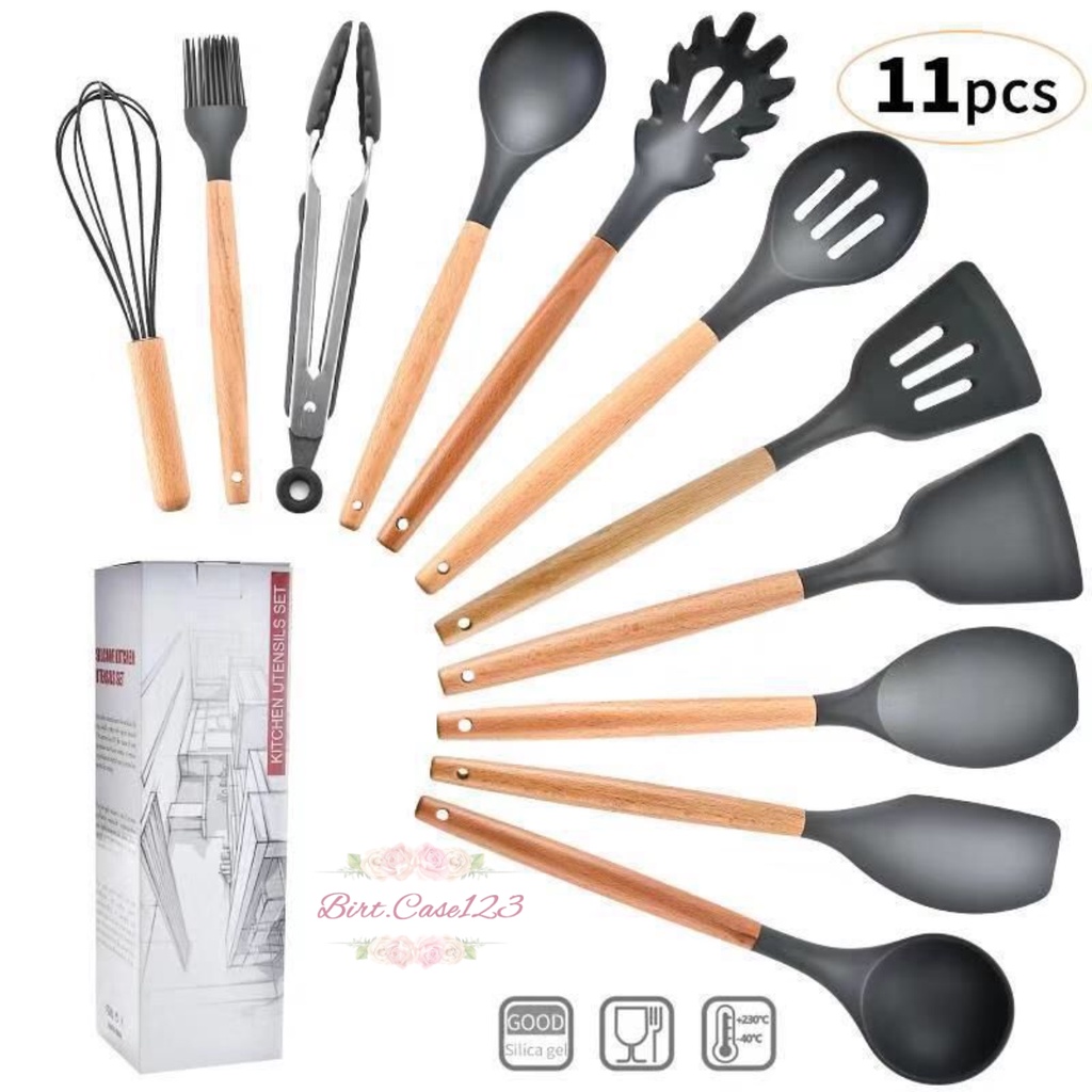 RT82 KITCHEN UTENSIL SILICONE WOOD 12PCS SET PERALATAN DAPUR MASAK BAKING SUTIL SPATULA SENDOK SILIKON SET ALAT MASAK 11 IN 1 GAGANG KAYU BC6219