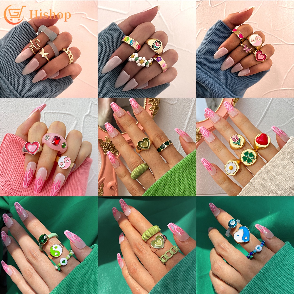 3/4/5pcs/set Fashion Colorful Rings Set Butterfly Resin Beads Ring Women Ring Jewelry Accessories
