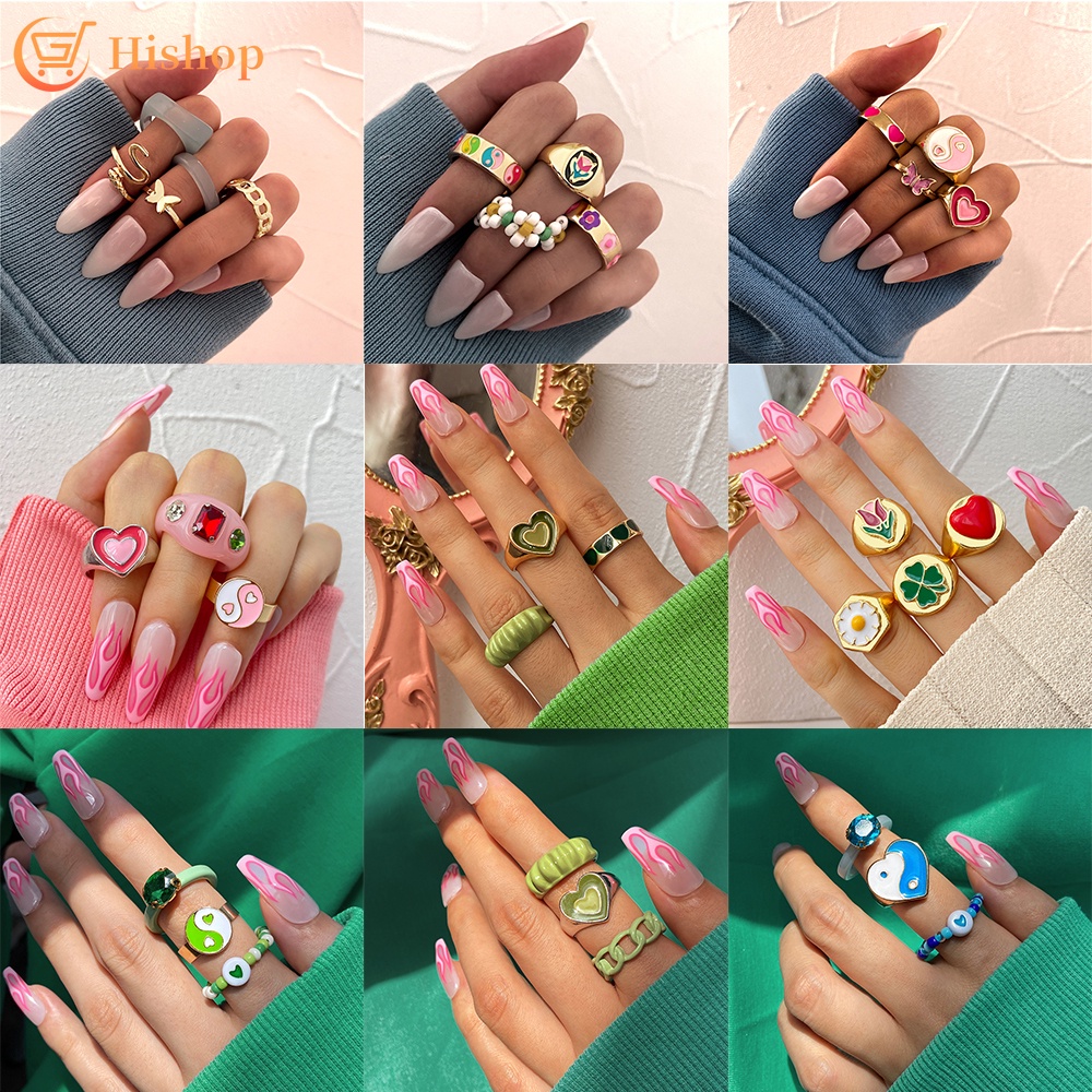 3/4/5pcs/set Fashion Colorful Rings Set Butterfly Resin Beads Ring Women Ring Jewelry Accessories