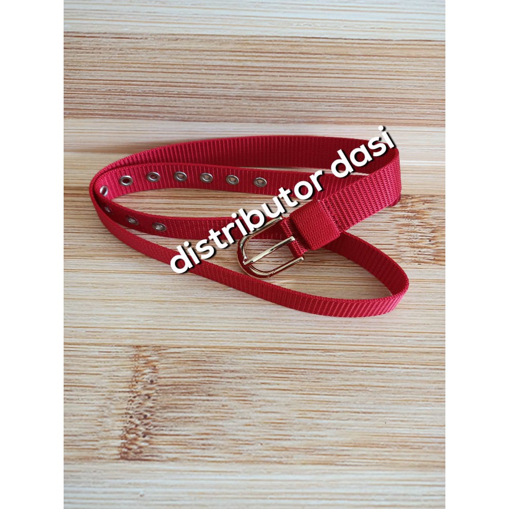 ikat pinggang wanita model jarum logam bahan nylon kanvas merah hitam coklat pink crem abu