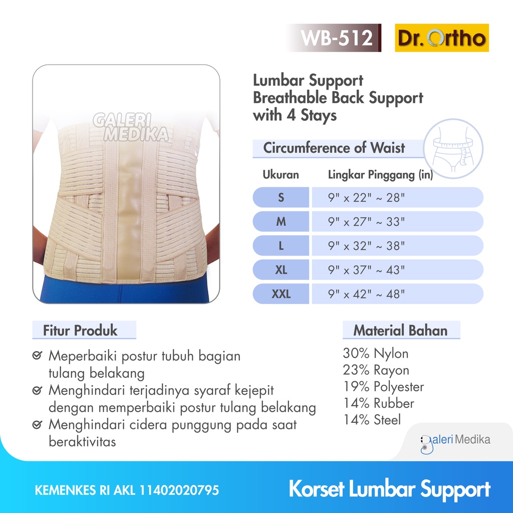 Korset Lumbar Dr. Ortho WB-512 Breathable Back / Lumbar Support with 4 stays / Korset Lumbal Dr.Ortho Original