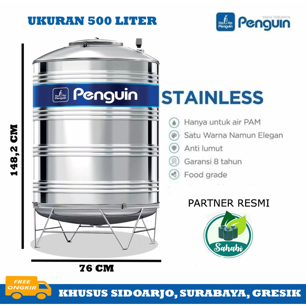 Tandon Air / Toren Air / Tangki Air Stainless Penguin/Pinguin Ukuran 500 Liter