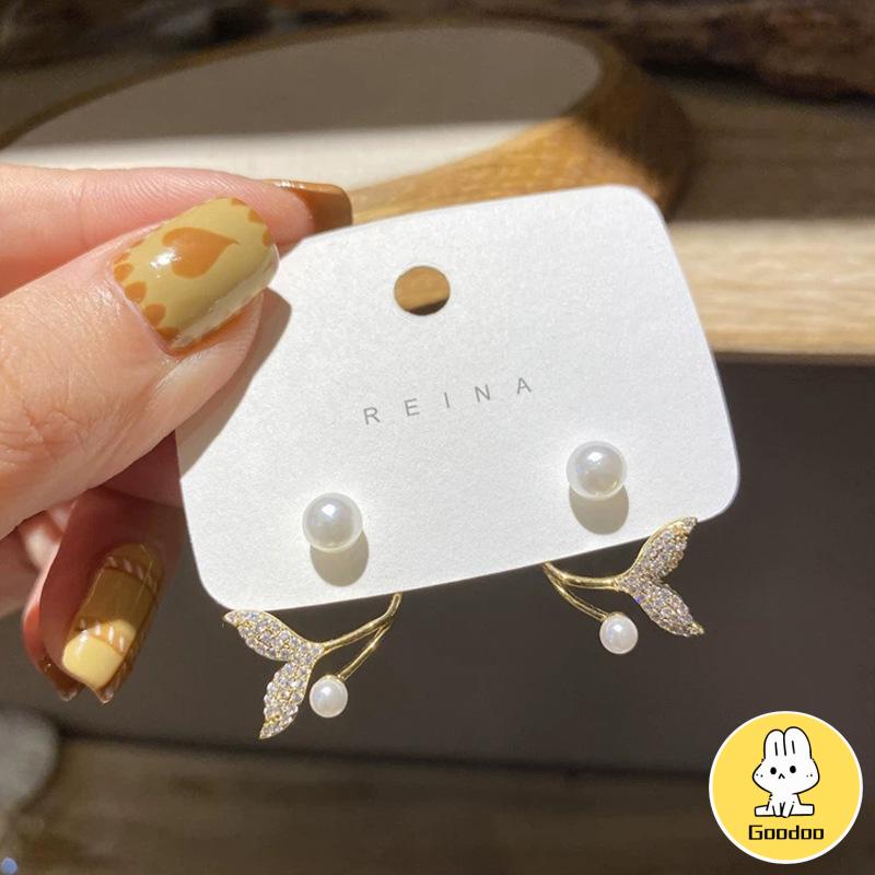 Anting 925 Perak Jarum Ikan Korea Ekor Mutiara 2021 Baru Trendi Elegan Fashion Stud Earrings -Doo