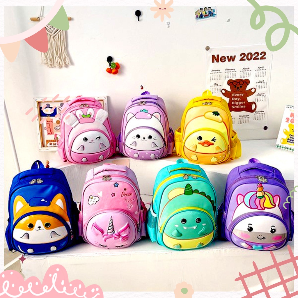 Tas Ransel Sekolah Anak PG TK PAUD Motif Karakter Hewan Timbul 3D Premium Lucu Keren Import