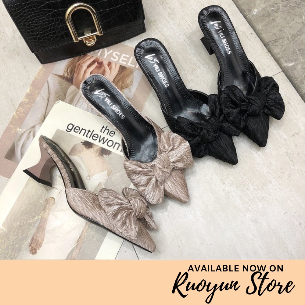 RYS - Satin Bow Sepatu Heels Wanita Fashion Casual / Pesta - Ori Import