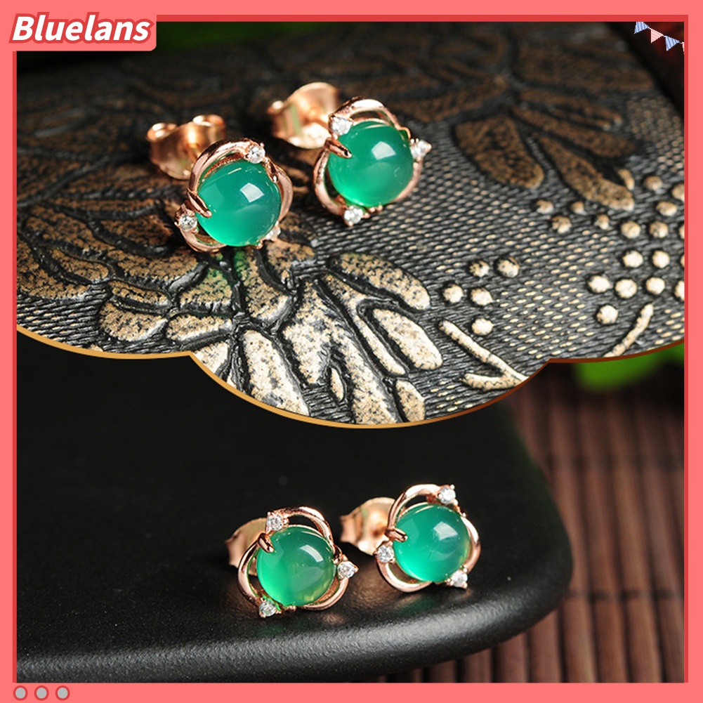 Anting Stud Desain Bunga Giok Tiruan Lapis Perak Untuk Wanita