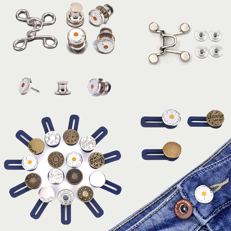 Kancing Jeans Logam Celana Jeans Button Adjustable Kancing Pengait Panjang Denim Desain Bunga Daisy Warna Putih Meningkat Kait Pengecil Lingkar Pinggang Model Bisa Dilepas Buttons Aksesoris