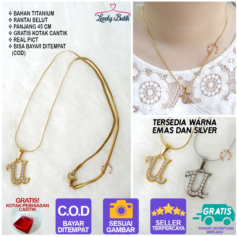 Lovelybutik Honey Kalung Huruf Titanium Anti Karat Inisial U Uk 45 cm BONUS KOTAK PERHIASAN