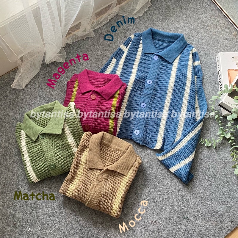 CARDIGAN RAJUT CROP POLO BERKERAH MOTIF SALUR GARIS