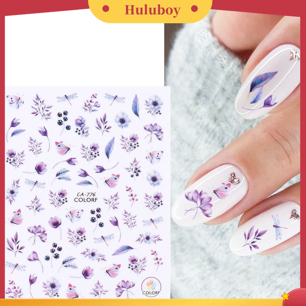 Huluboy Huluboy♡ Stiker Kuku Motif Bunga Daun Burung Butterfly Warna-Warni Untuk Dekorasi Manicure