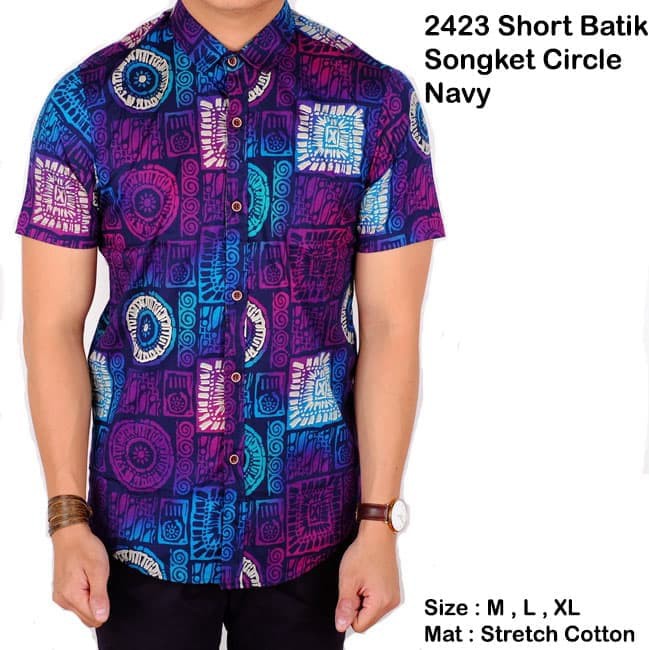 Trendi 2018 Kemeja Batik Songket Pria Cowo Kerja Kantor Biru TuaDongker