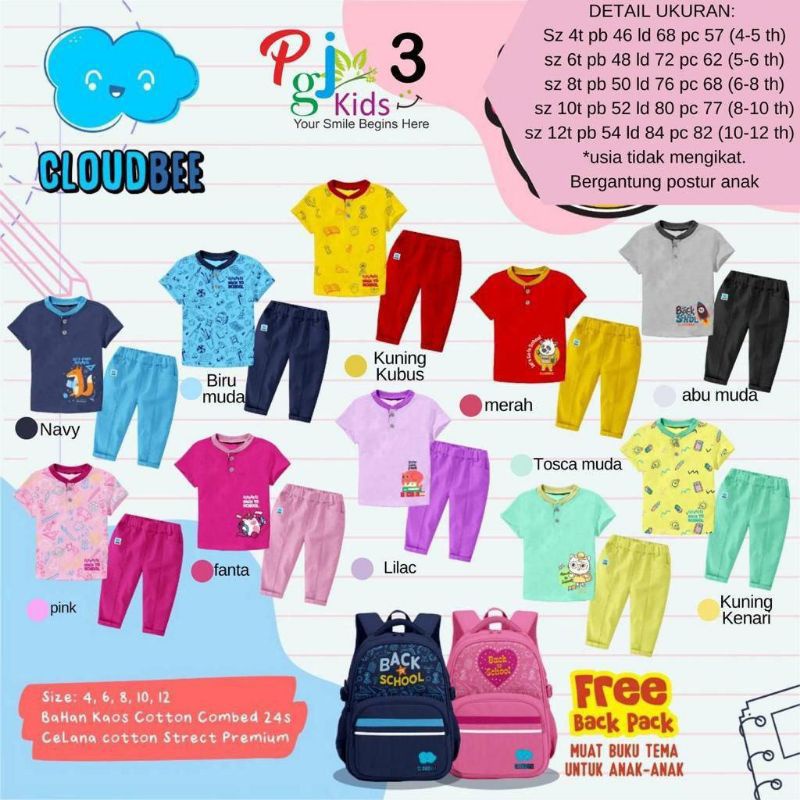 SET CLOUD BEE / SETELAN  ANAK 4-10tahun (Free tas keren)