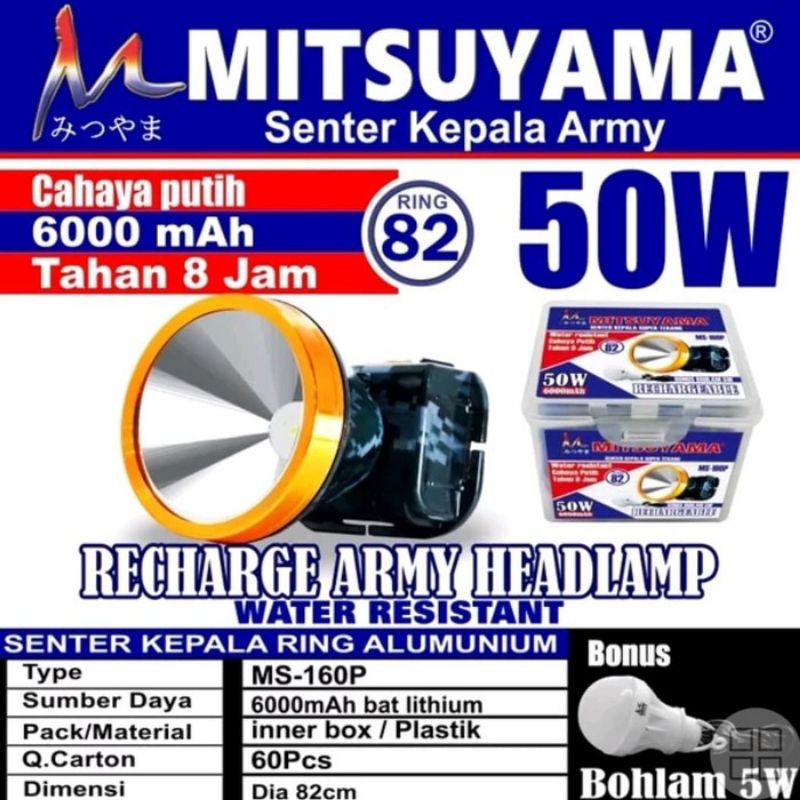 Senter Kepala Cas Mitsuyama 50W MS-160P Senter LED Super Terang Jarak Jauh Anti Air/ Senter Led Mini