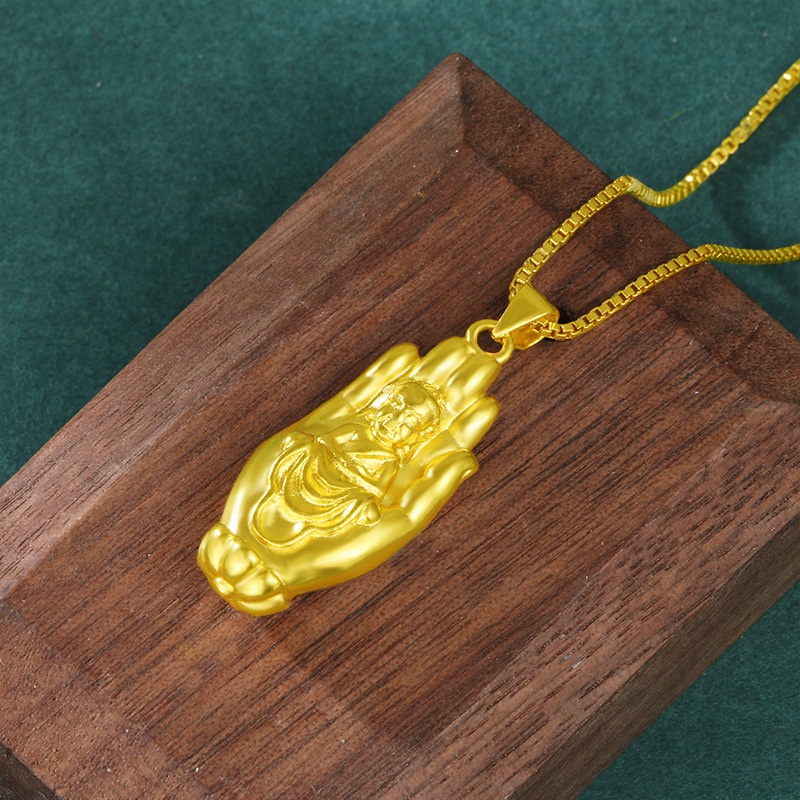 Kalung Dengan Liontin 3D Prodigy Buddha Gaya Retro Bahan Emas Emas Asli Kadar 375 Untuk Pria Dan Wanita