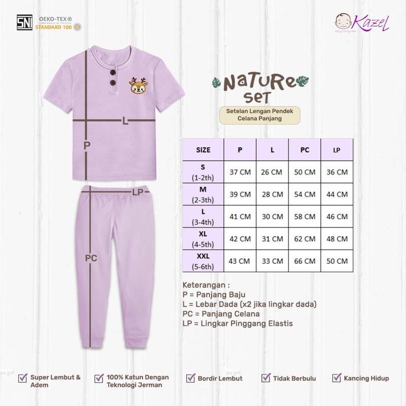 Kazel Nature Set Series Setelan Pendek Celana Panjang Anak 1 - 5 Tahun