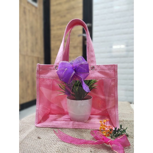 tas mika kombinasi canvas size 25*22*10 cm  tas mika kanvas pink totebag