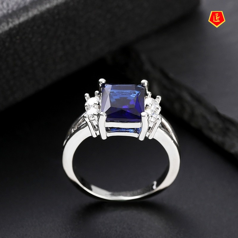 [Ready Stock]Simple Korean Style Platinum Square Colored Gems Ring
