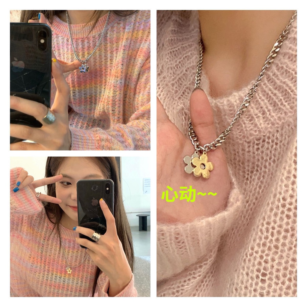 Heart Contrast Gold and Silver Flower Necklace Bracelet Korean Fashion Versatile Sweater Chain