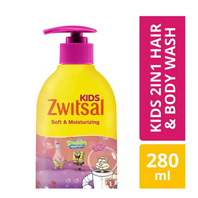 Zwitsal Kids 2 in 1  Hair &amp; Body Wash 280 ml / Zwitsal Spongebob Pink Hijau sabun shampoo anak 280ml