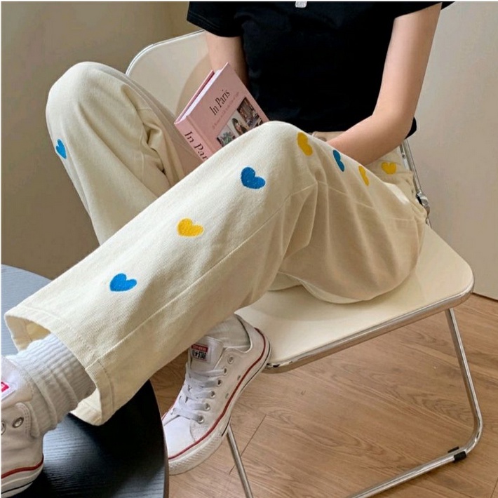 HOPYLOVY Celana Kulot Jeans Highwaist Wanita BF Jeans Bordir Love Mahikaa