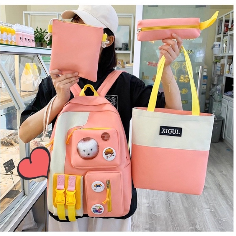 Tas Ransel Anak Wanita sekolah import set 4 in 1 ORIGINAL backpack Fashion Perempuan Korea Kekinian