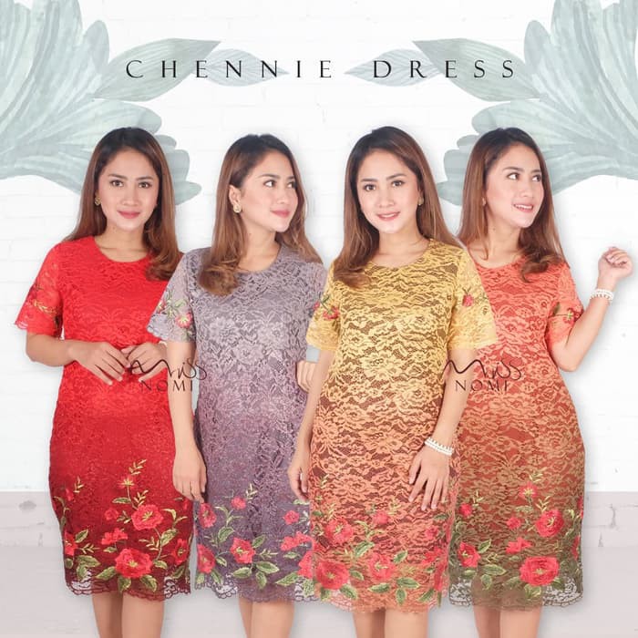 CHENNIE dress pesta wanita full brokat gaun pesta natal brukat lace - mustard XL