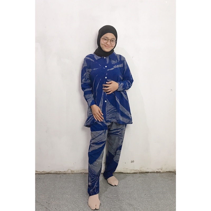 setelan One Set babydoll wanita batik lengan panjang kancing oneset batik perempuan celana panjang