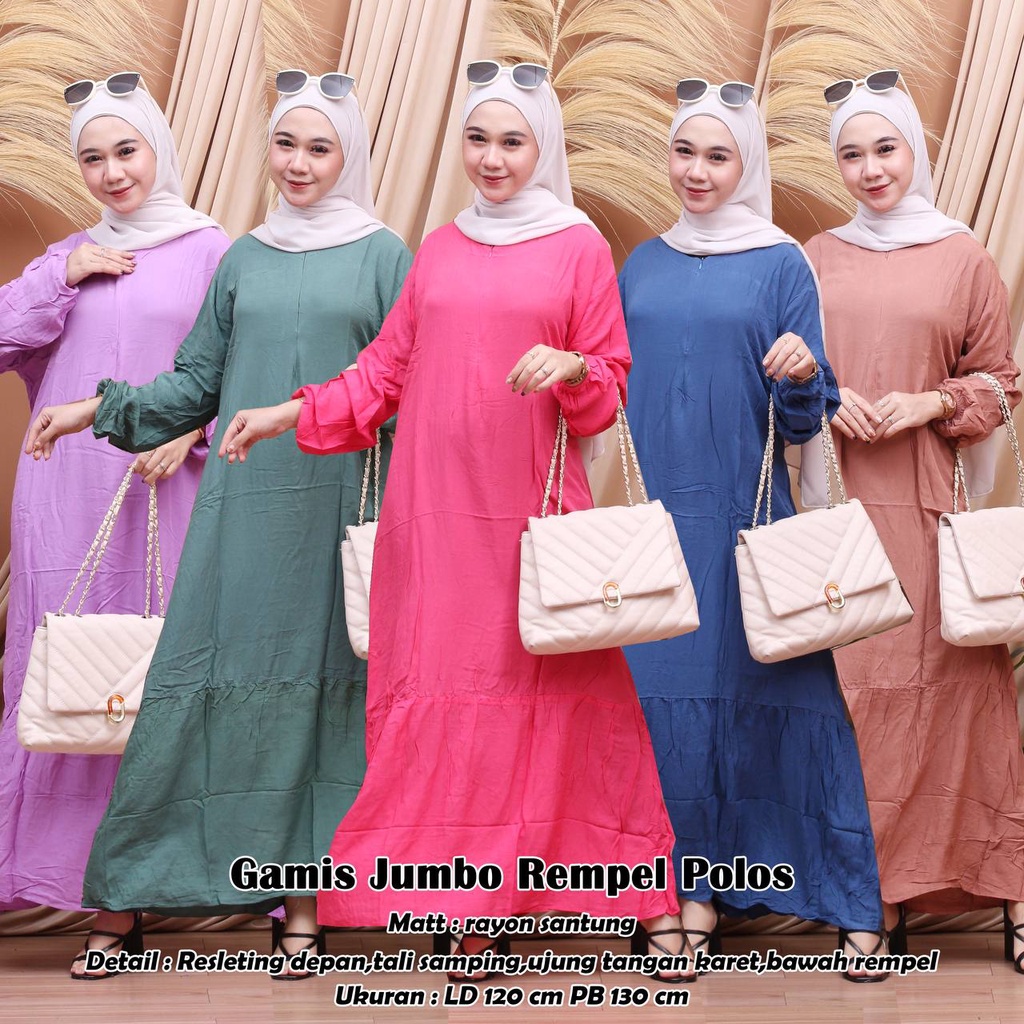 Gamis Wanita Bahan Rayon Motif Polos Resleting Depan Fashion Terbaru Cuci Gudang