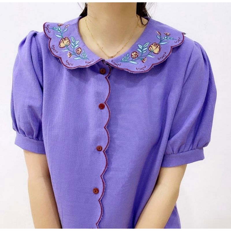 Kemeja Atasan Blouse Top Puffy Wanita Korea / Kemeja Bordir Puffy Korea Lilac ungu Lavender
