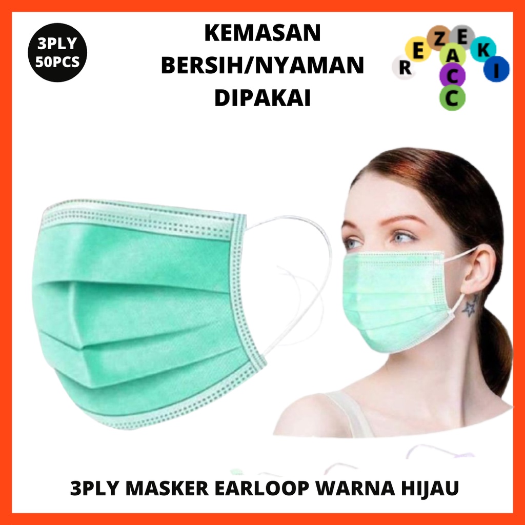 Jual Masker 3 Ply 3ply Isi 50 Green Edition Hijau Earloop Medis Grade ...