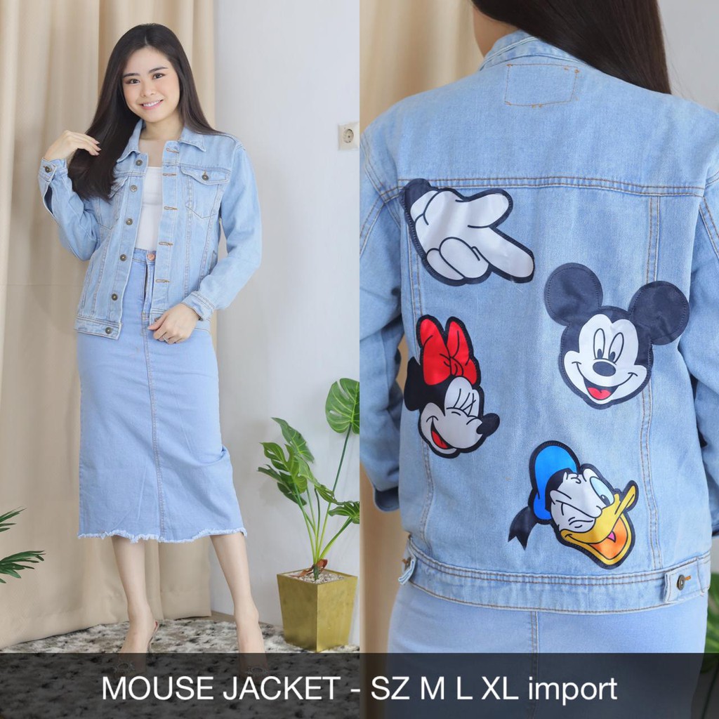JAKET JEANS WANITA MOTIF MICKEY MOUSE JAKET JEANS BIRU MUDA
