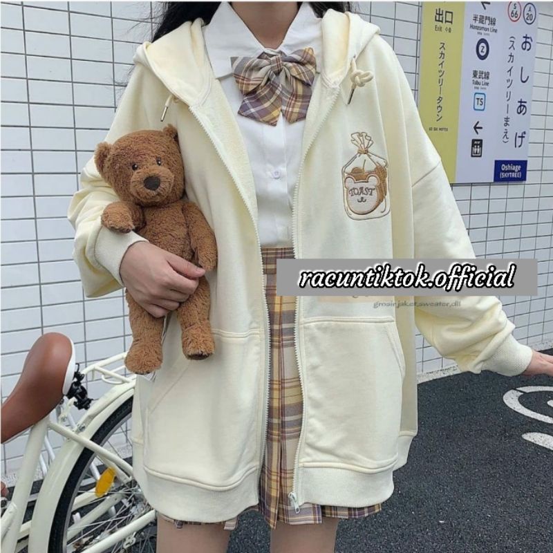 ZIPPER HOODIE WANITA OVERSIZE - TOAST HOODIE BOARDIER SWEATER-Crem