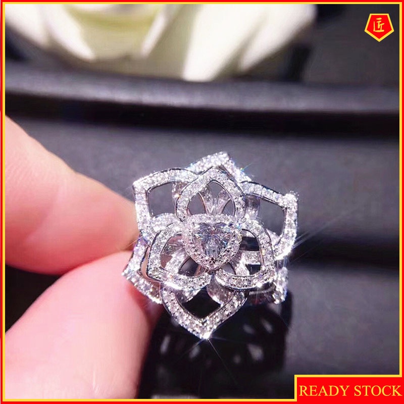 [Ready Stock]18K Platinum Full Diamond Rose Ring for Women Luxury Fashion