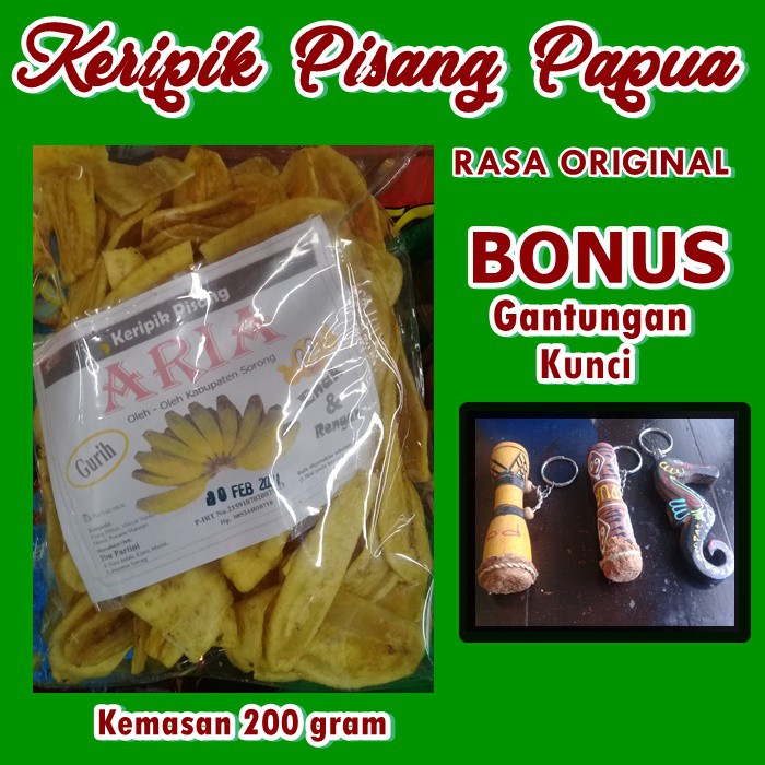 

Keripik Pisang Asli Sorong Papua oleh oleh cemilan Merek ARIA berbagai varian rasa kemasan 200gram